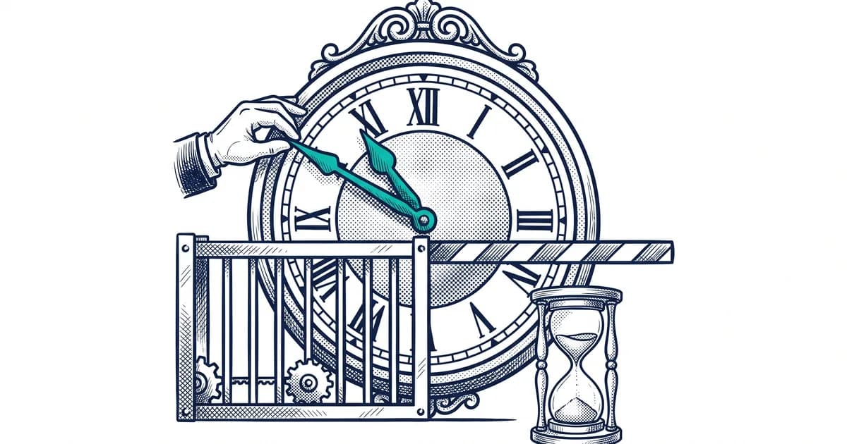 Reloj europeo con las manecillas frenadas sobre reglas de alto riesgo