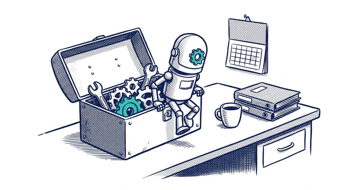 Un agente de IA autónomo saliendo de una caja de herramientas de programador
